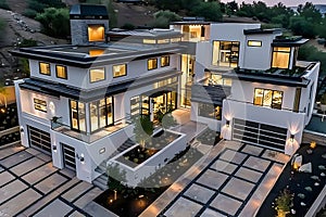 Modern contemporary illuminated house design exterior. Luxurious new construction home with panoramic windows, pool