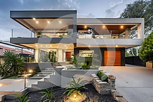 Modern contemporary illuminated house design exterior. Luxurious new construction home with panoramic windows, pool