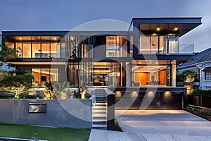 Modern contemporary illuminated house design exterior. Luxurious new construction home with panoramic windows, pool