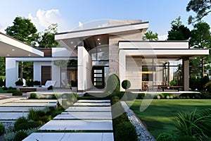 Modern contemporary illuminated house design exterior. Luxurious new construction home with panoramic windows, pool