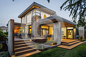 Modern contemporary illuminated house design exterior. Luxurious new construction home with panoramic windows, pool