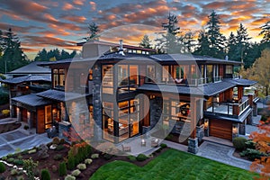 Modern contemporary illuminated house design exterior. Luxurious new construction home with panoramic windows, pool