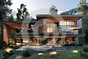 Modern contemporary illuminated house design exterior. Luxurious new construction home with panoramic windows, pool