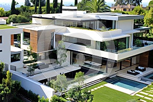 Modern contemporary illuminated house design exterior. Luxurious new construction home with panoramic windows, pool