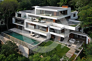 Modern contemporary illuminated house design exterior. Luxurious new construction home with panoramic windows, pool