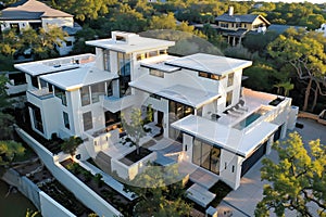 Modern contemporary illuminated house design exterior. Luxurious new construction home with panoramic windows, pool