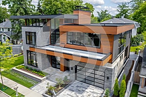 Modern contemporary illuminated house design exterior. Luxurious new construction home with panoramic windows, pool