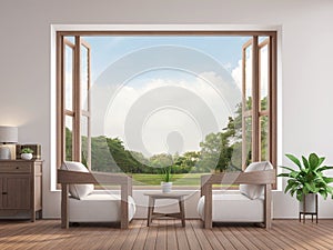 Modern contemporary living room 3d render,There are large open window overlooking to garden view. photo