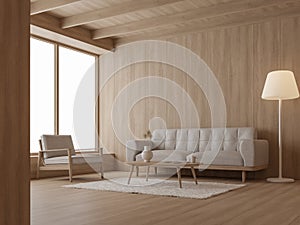 Modern contemporary living room interior with all wooden material 3d render