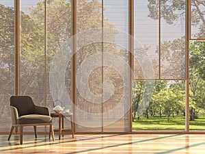 Modern contemporary living room with wooden curtain 3d render