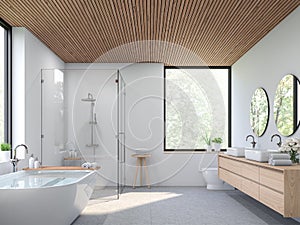 Modern contemporary loft bathroom with nature view 3d render