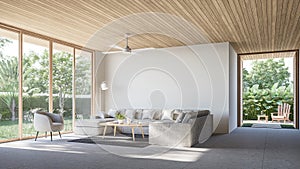 Modern contemporary loft living room with open door to garden 3d render