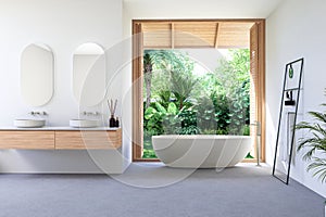 Modern contemporary loft style bathroom with tropical garden view 3d render