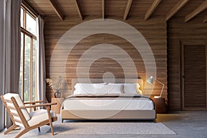 Modern contemporary loft style wooden bedroom 3d render decorated with brown fabric bed