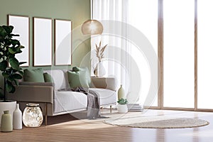 Modern contemporary pastel green wall living room 3d render