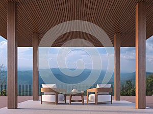 Modern contemporary pavilion with mountain view 3d render photo