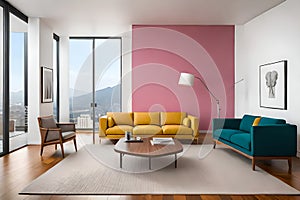 Modern contemporary simple minimalist modern cozy, comfortable, colorful artistic and elegant living room for house and apartment