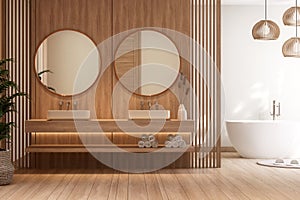 Modern contemporary style wooden bathroom 3d render there are wood floor decorated with circle mirror and wooden laths