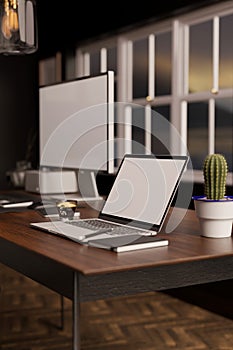 Modern contemporary vintage home workspace interior with laptop
