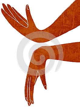 Modern conterporary simple geometric terra color composition of two arms with hands and palms in an abstract pose