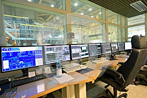 Modern control centre with screens for monitoring and operating
