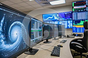 High-tech control room with multiple screens displaying data analytics and cybersecurity information photo