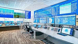 Modern control room monitoring showing charts and data on multiple screens