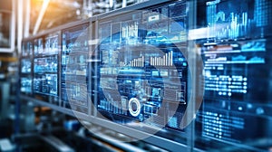 Modern control room monitoring system showing various data and charts on multiple screens