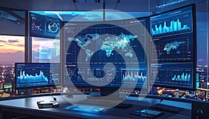 Futuristic Control Room with Global Data Displays