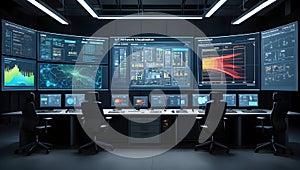 Modern control room with multiple screens displaying data and network visualizations
