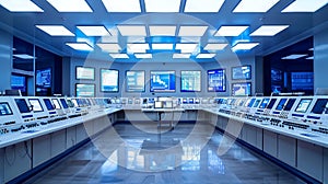 Modern Control Room with Multiple Screens and Interactive Displays. Concept of Technology Management, Digital Monitoring