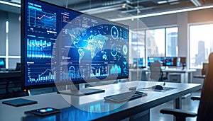 A modern control room or office with a large screen displaying global data, financial charts, and complex analytics