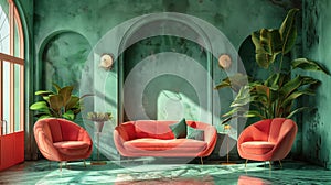 Modern coral sofas in green vintage interior with plants