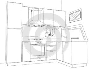 Modern corner kitchen interior pencil drawing.