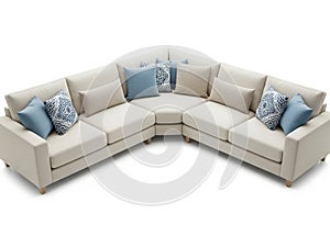 Modern corner sectional sofa with blue and white pillows