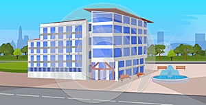 Modern corporate architecture office building exterior with large panoramic windows commercial business center design