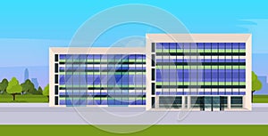 Modern corporate architecture office building exterior with large panoramic windows flat