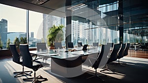 Modern corporate boardroom with large table and panoramic city view