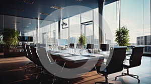 Modern corporate boardroom with large windows and city view