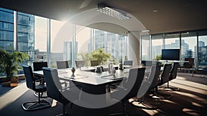 Modern corporate boardroom with large windows and city view