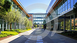 Modern corporate building with glass facade and green landscaping