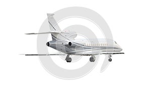 Modern corporate business jet during flight, isolated on white background