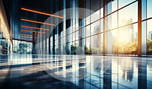 Modern corporate office building interior with glass walls reflective floor and natural light creating a sleek professional