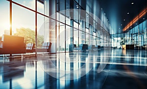 Modern corporate office building interior with glass walls reflective floor and natural light creating a sleek professional