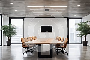 Modern corporate office interior with empty conference room