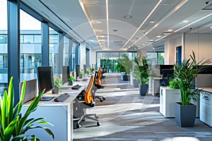 Modern corporate office interior with plants, empty desks, and bright lighting