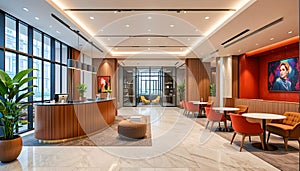 Modern Corporate Office Lobby With Elegant Reception Desk And Comfortable Seating In Bright Interior Space