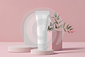 Modern Cosmetic Tube Mockup on Pastel Pink Backdrop with Minimalist Floral Decor