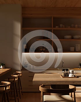 A modern, cosy kitchen with a hardwood dining table, kitchen counters, and a kitchen wall cabinet