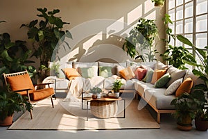 A modern and cosy living room full of nature green plants - Home design theme